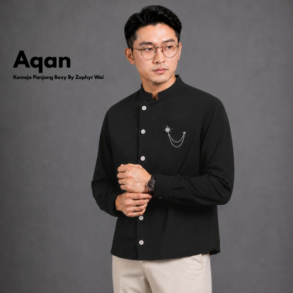 AQAN - Kemeja polos boxy beskap lengan panjang koko moderen formal baju pria raya pesta lebaran
