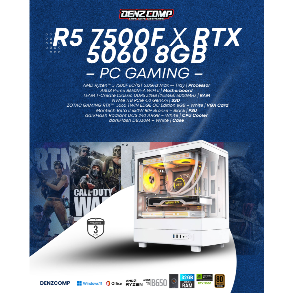 PC Gaming AMD Ryzen 5 7500F | RTX 5060 8GB | NVMe 1TB | DDR5 32GB