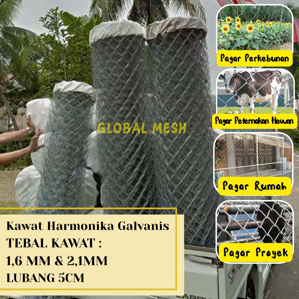 Kawat Pagar Harmonika Galvanis Tebal Kawat 1,6 mm dan 2,1mm Lubang 5 CM