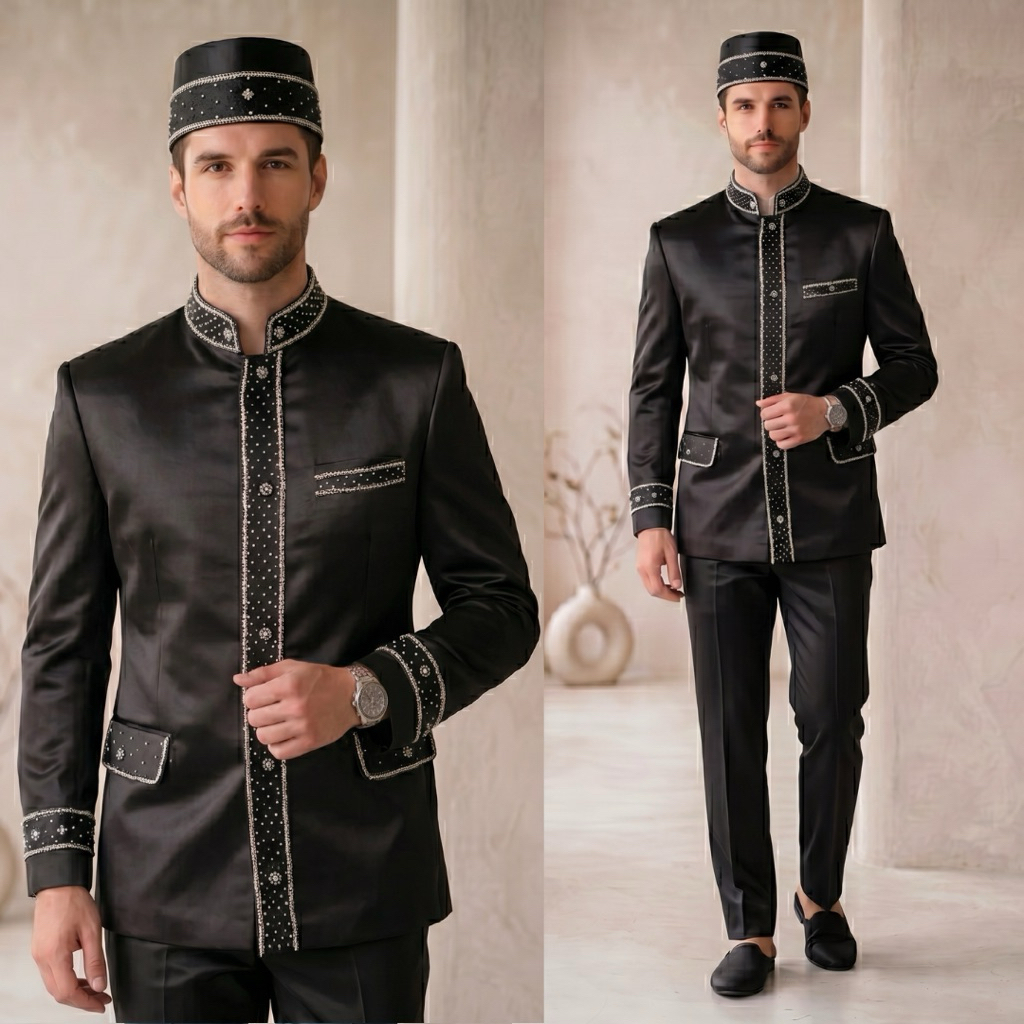 Beskap bapak pengantin hitam payet premium | Basofi bapak besan hajat lengkap 1 set