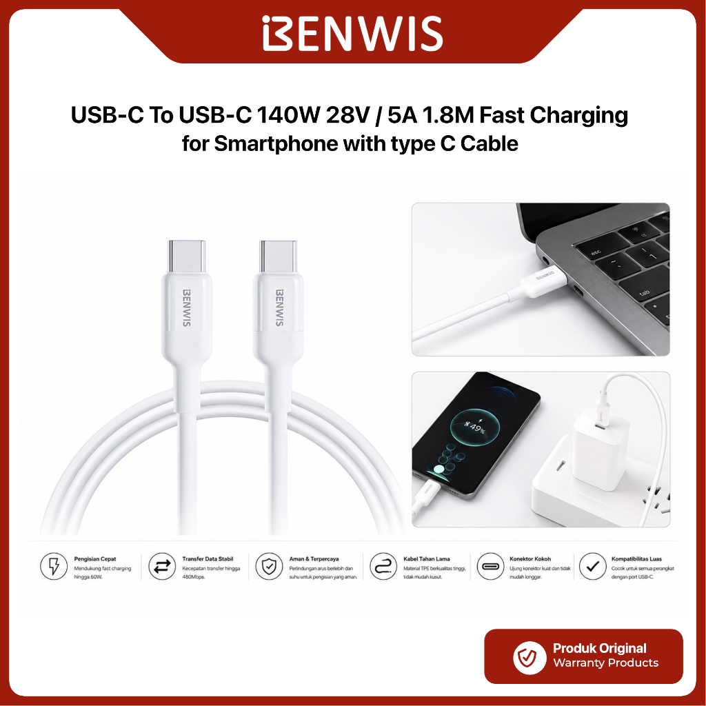 BENWIS Cable Type C To C 140W 28V/5A 1.8M PD Fast Charging USB Cable