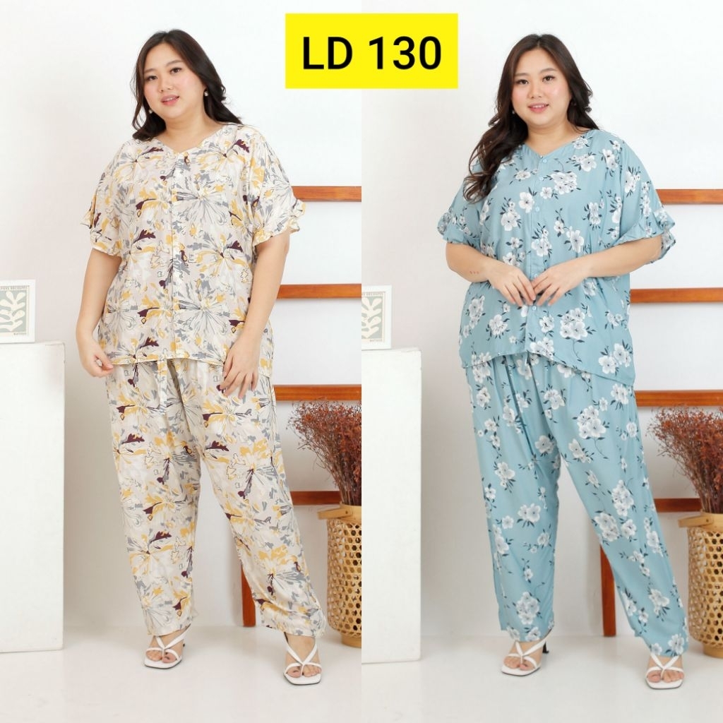 Setelan Piyama Baju Tidur Jumbo Wanita Vneck Ld 130
