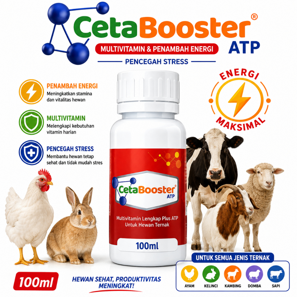 Mutivitamin pencegah stress & energi untuk ayam kelinci kambing domba dan sapi, Ceta Booster Atp 100