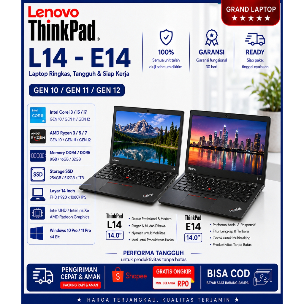 LAPTOP LENOVO THINKPAD E14 L14 T14 CORE I3 I5 I7 GEN 10/11/12/13 RYZEN 3 5 7 PRO LAYAR 14 INCH MURAH