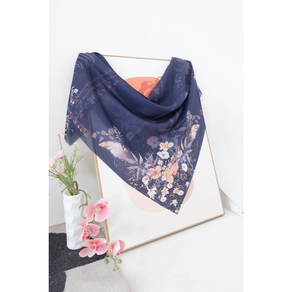 HIRA - Navy LEAF Series Hijab Mirea Kafa Scarf Segiempat Voal Motif Printing Premium Lasercut