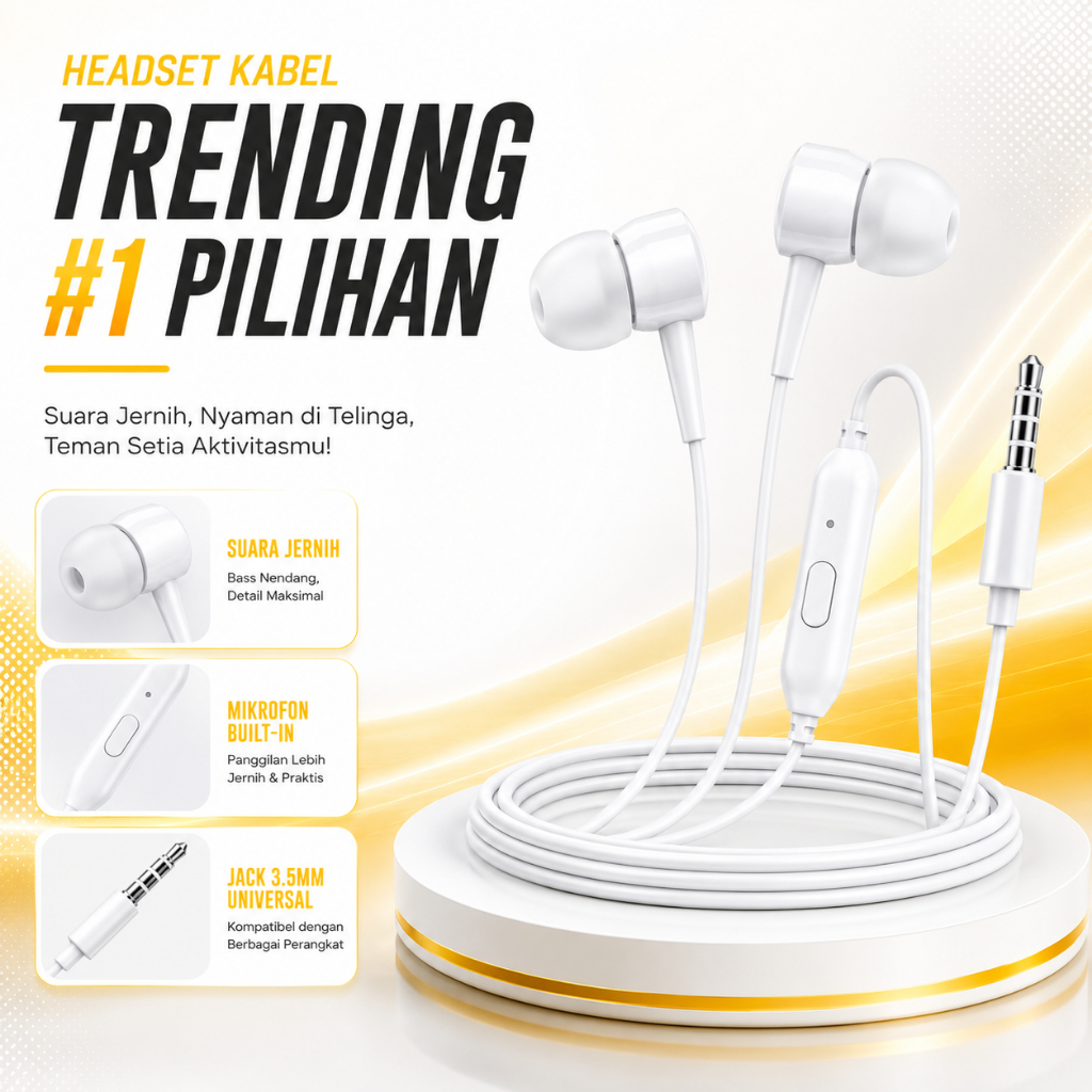 Headset Kabel In Ear Jack 3.5mm Stereo Bass Nyaman Untuk Android & Laptop