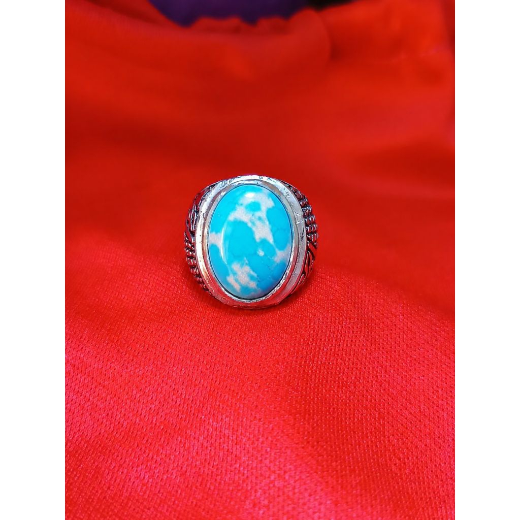 cincin batu akik pirus biru urat perak mban ALPAKA SUPER