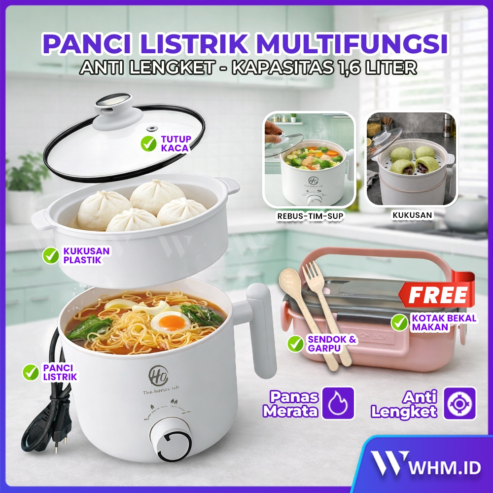 Panci Listrik Multi Cooker 1.6L Anti Lengket Ceramic Coating Kukusan Putih 3 Mode Panas untuk Rumah 