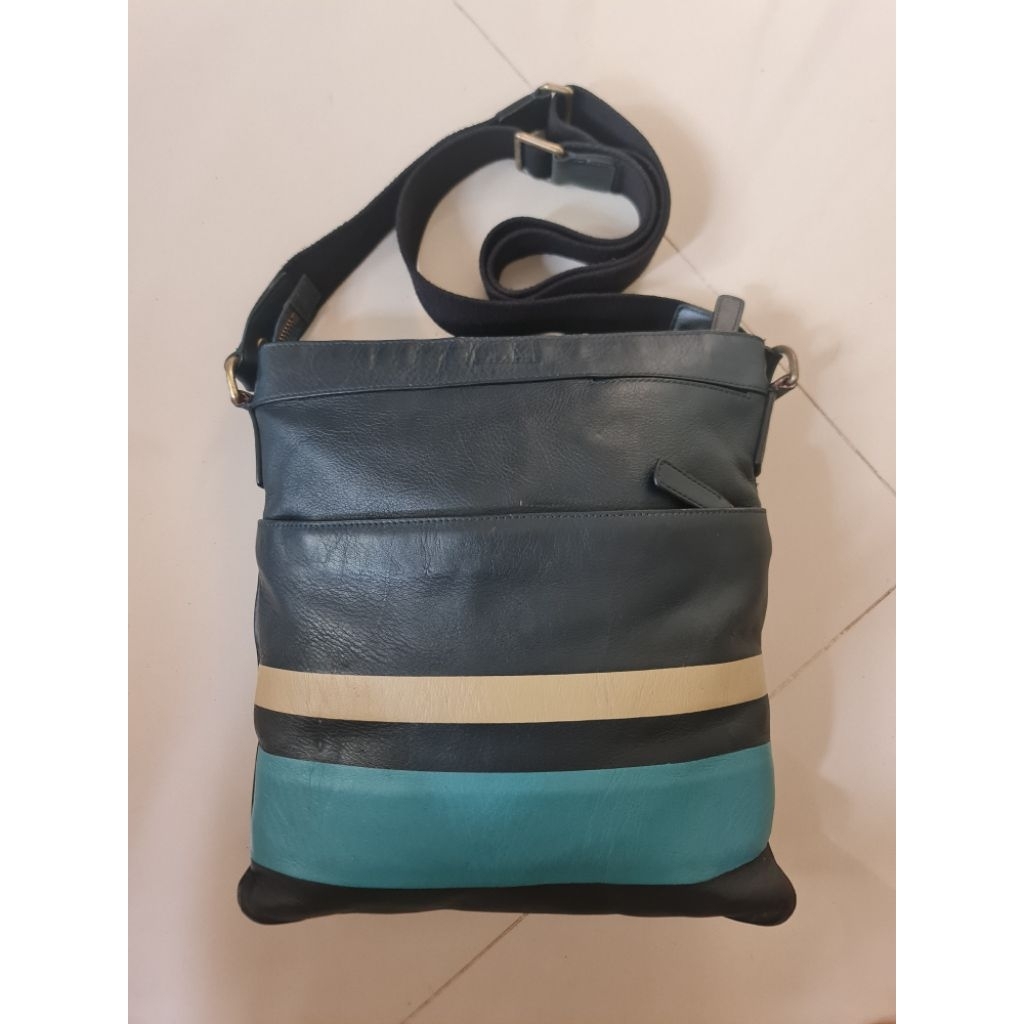 191. Sling Bag Men Pria Coach Stripe Patchwork Navy Blue with Yellow Tosca Crossbody Messenger Bag L