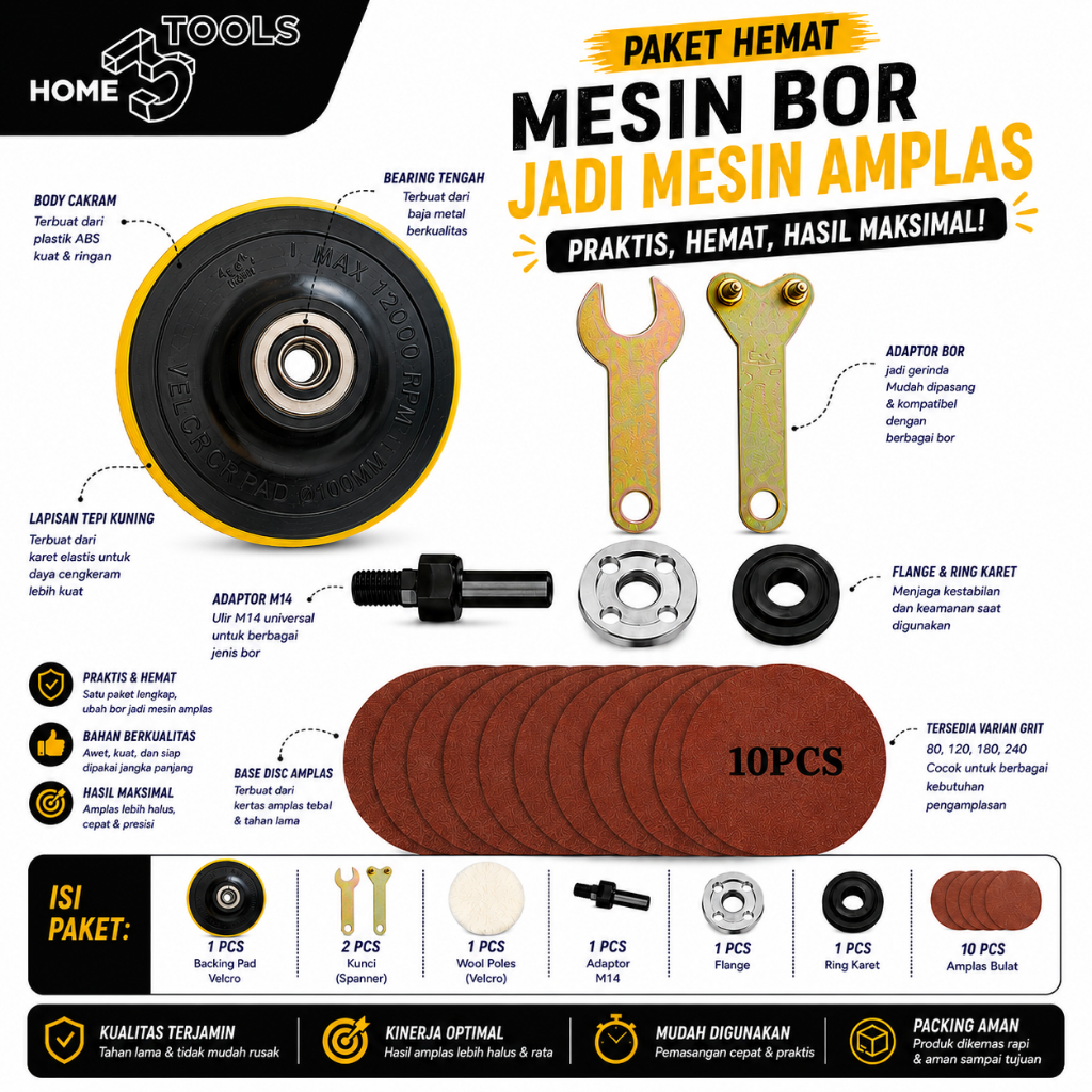 Paket Adaptor Bor Jadi Mesin Amplas Poles Konektor Pad Velcro Tatakan Amplas Poles