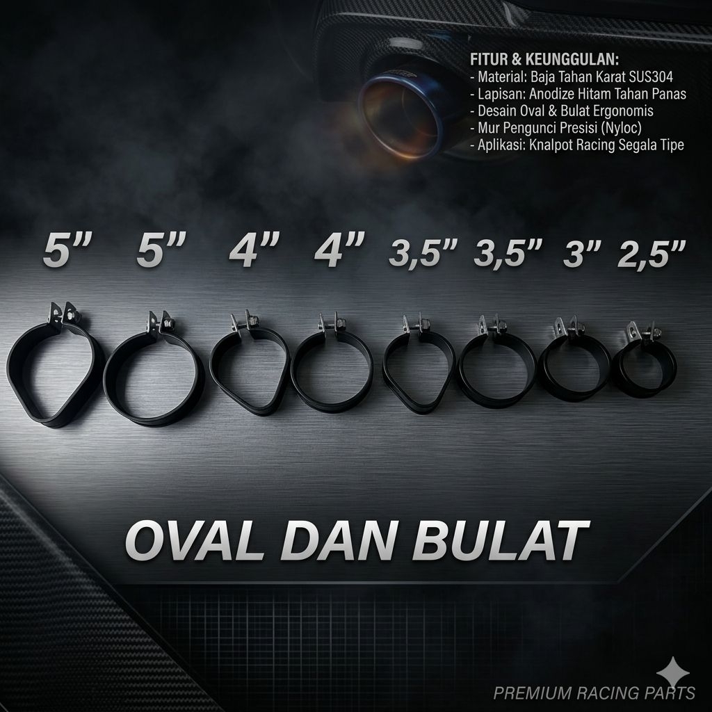 klem knalpot racing warna hitam.  /gantungan knalpot  racing.model oval dan bulat