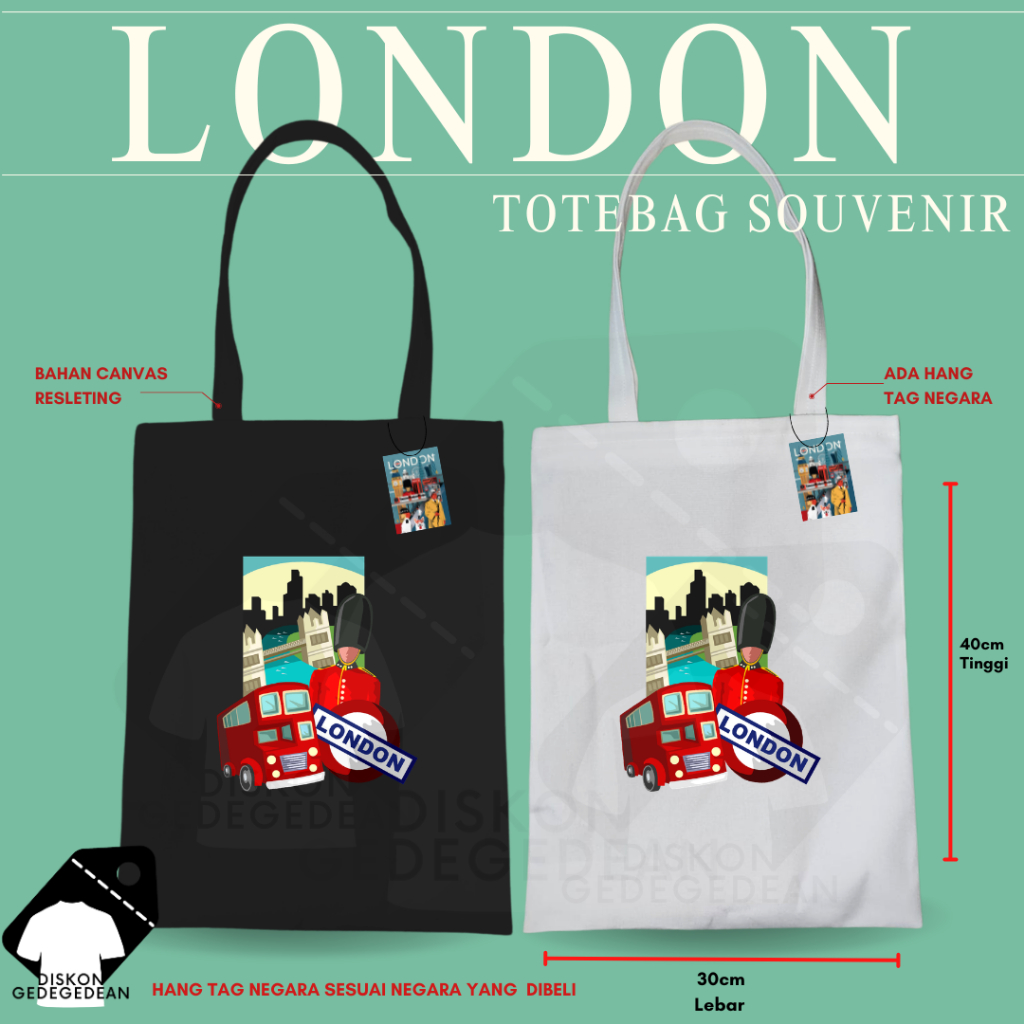 Diskongedegedean Totebag London Souvenir Tas Oleh Oleh London Kanvas Resleting 5