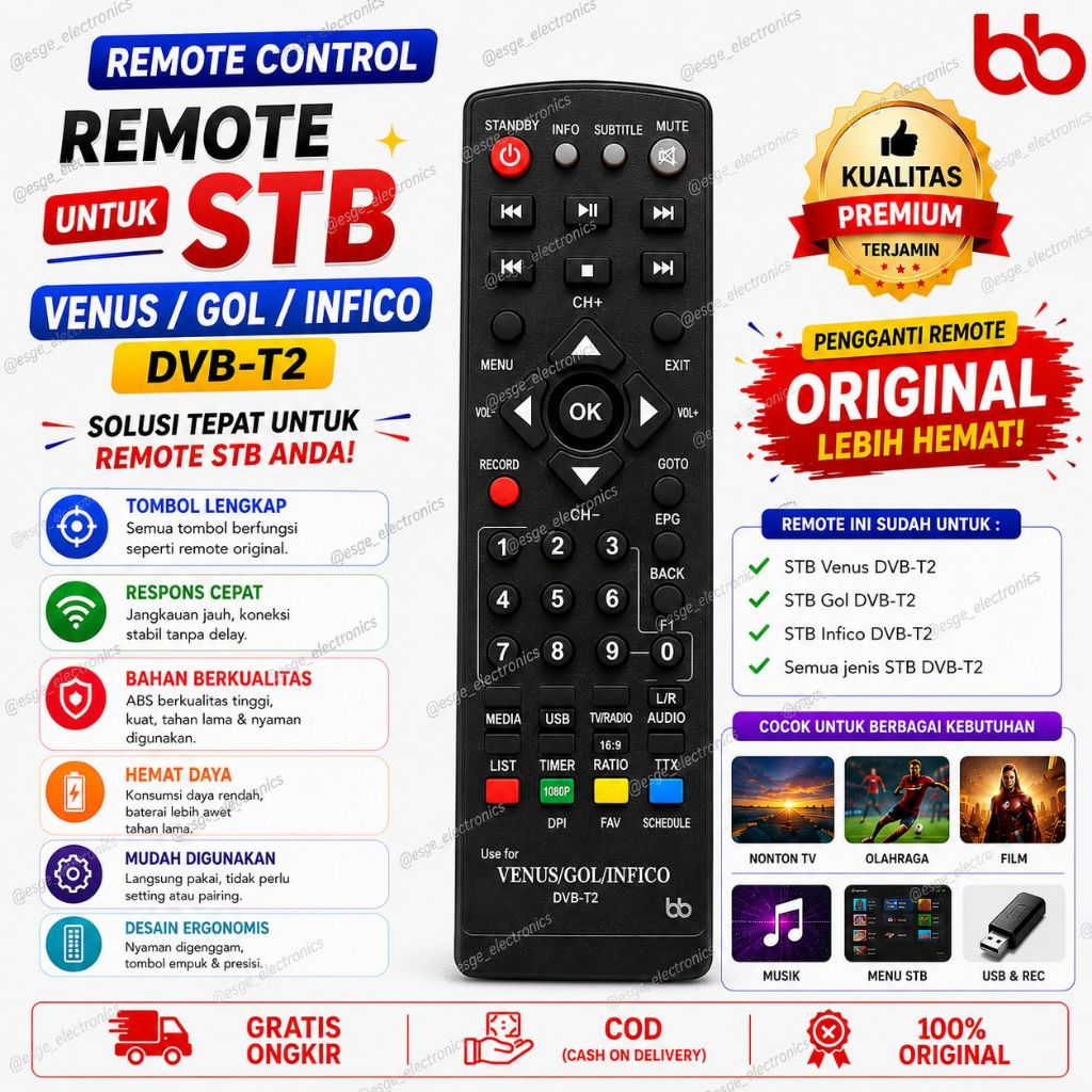 ORIGINAL REMOTE STB SET TOP BOX LUBY WELLHOME VENUS GOL INFICO DVB-T2 REMOTE TV STB