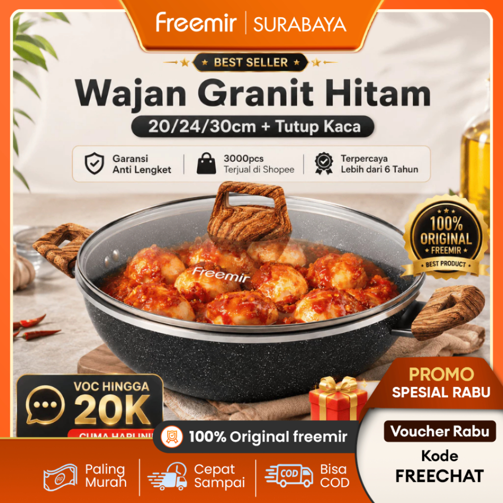 [ORIGINAL 100%] freemir Wajan Kuali Hitam Premium 20/24/30cm Granit Garansi Anti Lengket Multifungsi