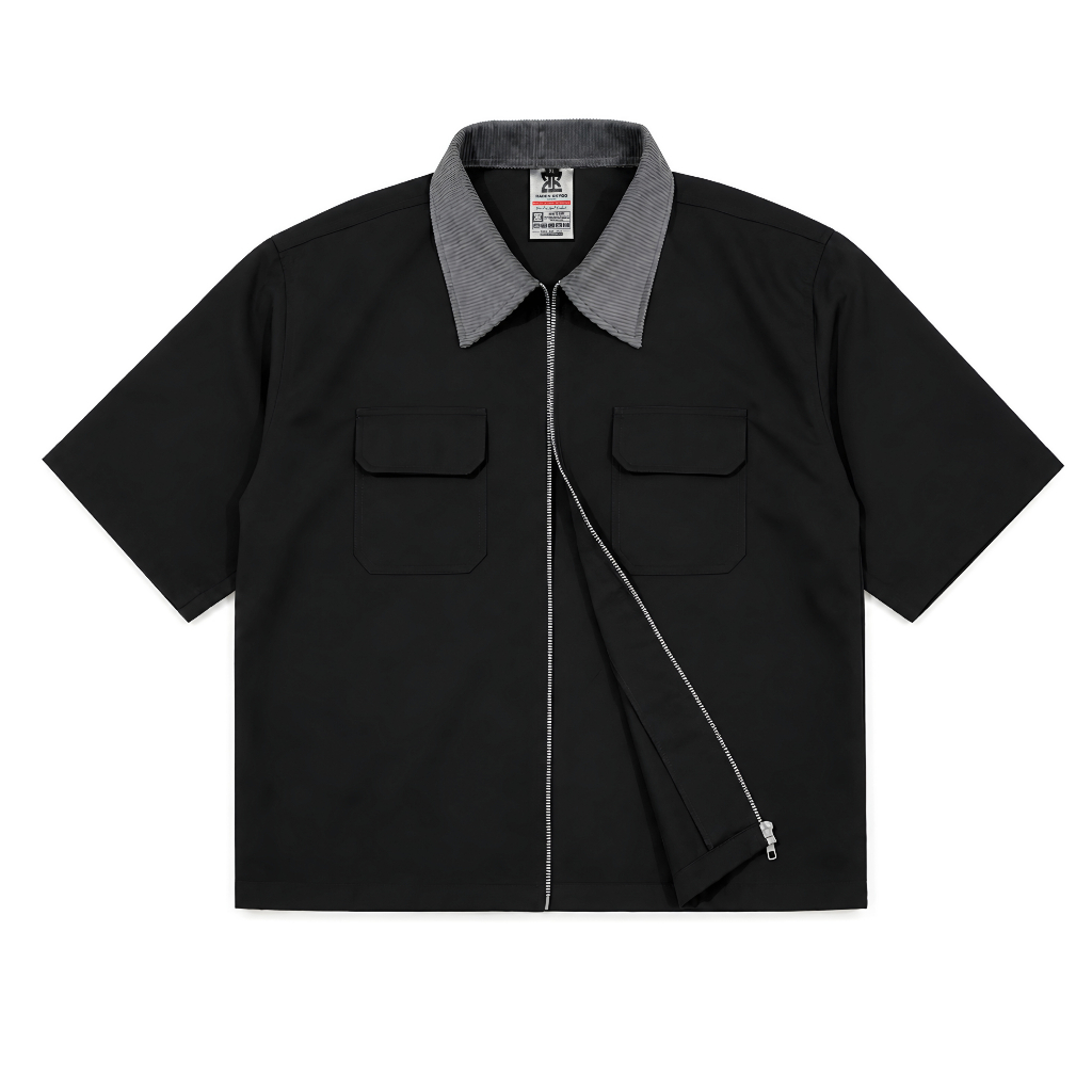 Raden Skygo Boxy Workshirt Parker Kerah Salur Corduroy YKK Zipper Black Grey