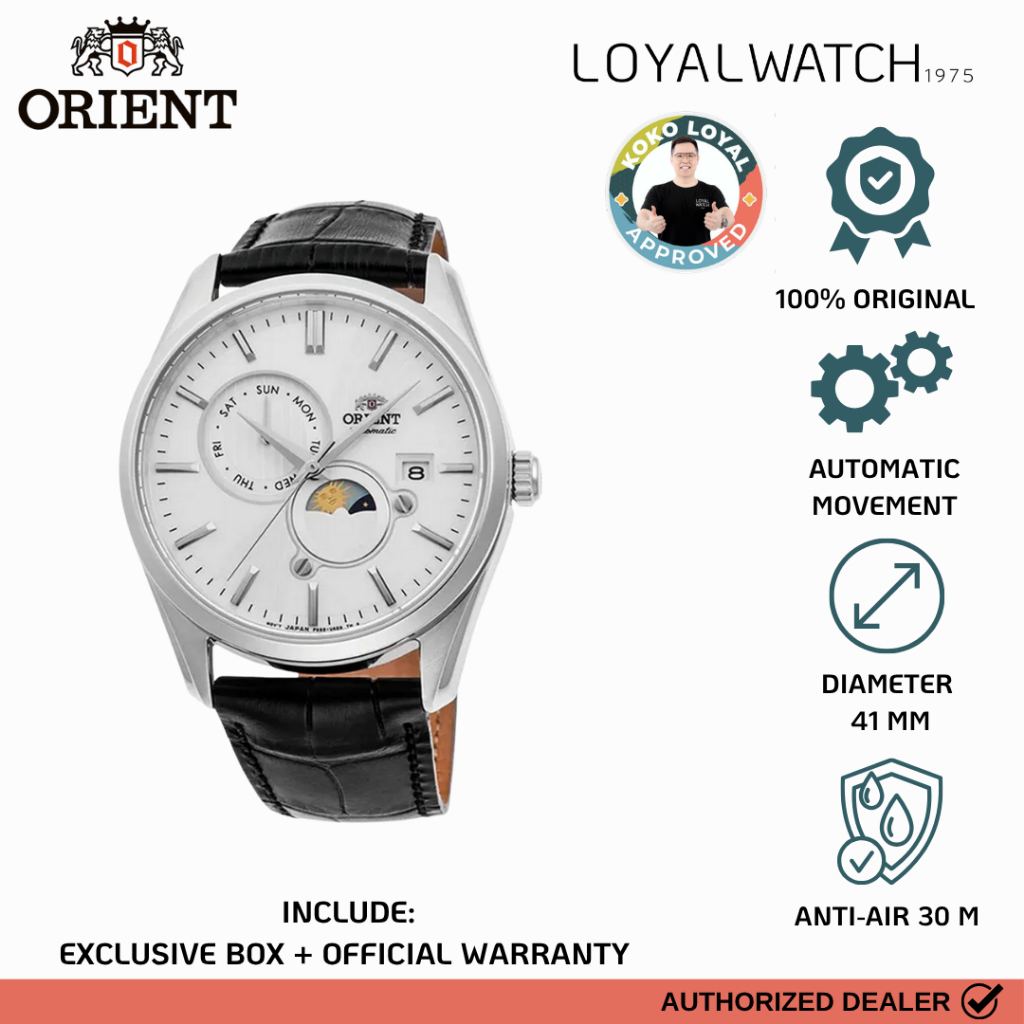 Jam Tangan Orient Classic Automatic "Sun & Moon" Pria RA-AK0310S Silver Leather /Kulit Original Gara