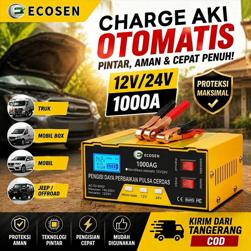 ECOSEN-Charger Aki Otomatis Smart Intelligent Auto Repair Mobil Pengisi daya 1500A Charger Otomatis