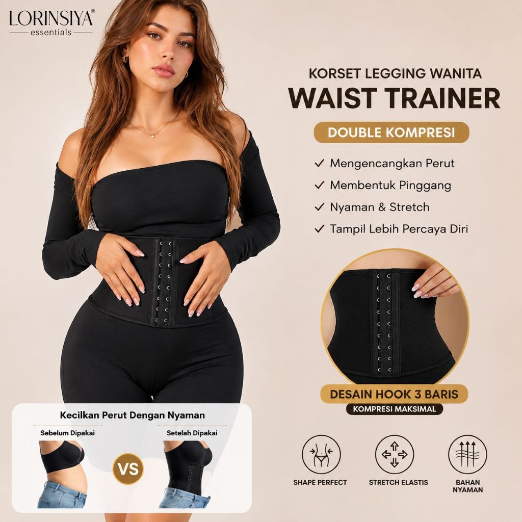 Lorinsiya Essentials - Celana Pelangsing Wanita | Legging Korset Wanita Pendek Hitam High Waist 3 Ka