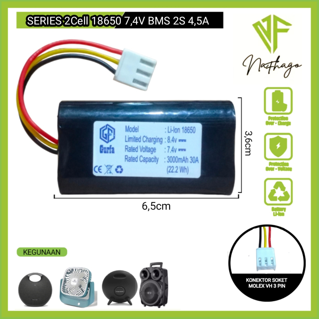 Baterai Speaker Dan Elektronik Lainnya Tipe Li-ion 2X18650 7,4Volt 3000mAh 30A (22.2Wh) BMS 2S 4,5A