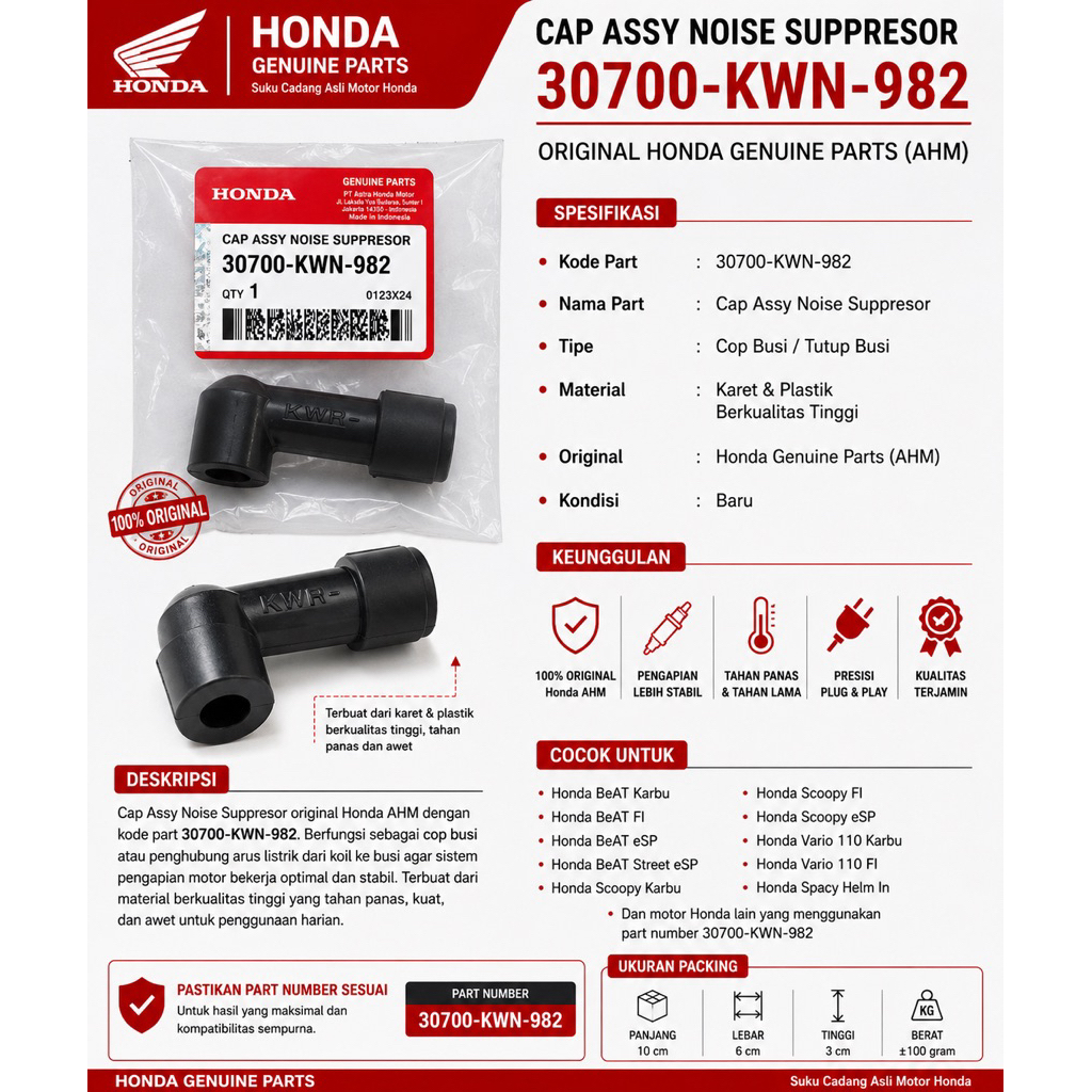 Cap Assy Noise Suppresor Original Honda 30700-KWN-982