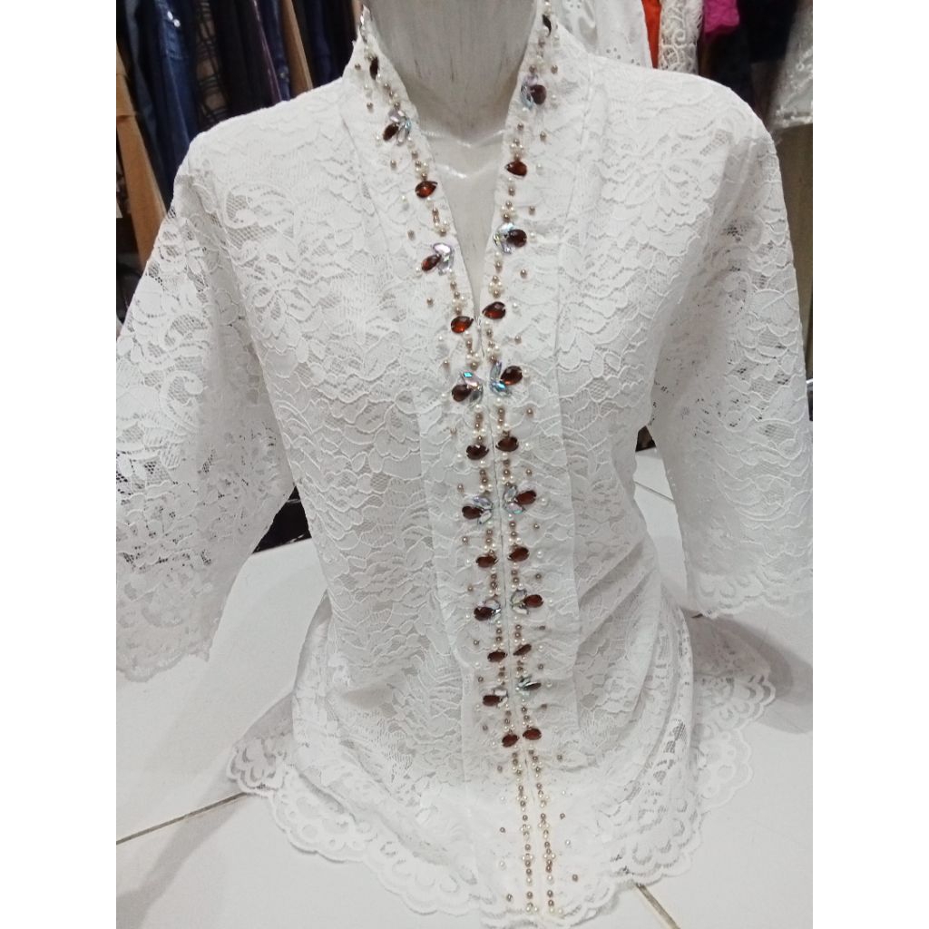 kebaya brokat baju brokat khusus putih lengan 7/8 lengan balon bahan full brokat mewah mix Payet siz