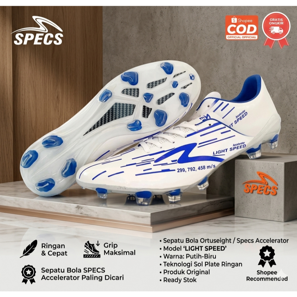Sepatu Bola Specs Accelerator Light Speed Original - Sepatu Bola Specs Lightspeed Putih Biru Ringan 