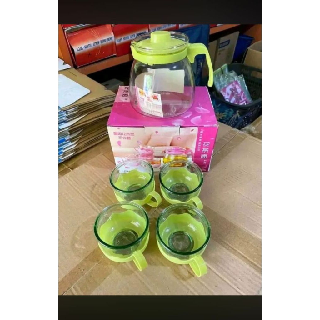 Set Teko Kaca Elegan 1 Teko 4 Cangkir - Hijau, Tahan Panas & Bening