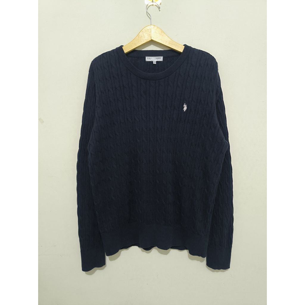 Sweater Cable Knit Rajut Kepang USPA Dark Navy White Logo size fit XL