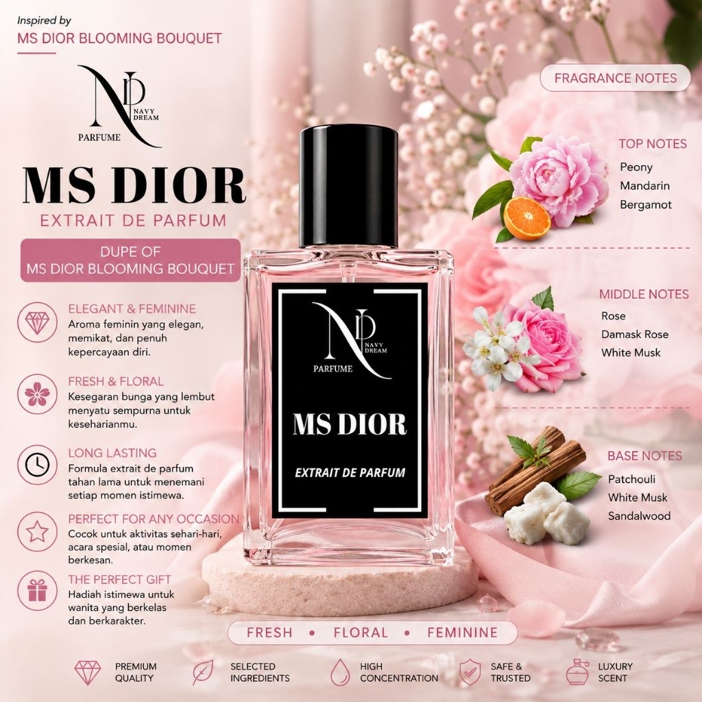 MS DIOR Extrait De Parfum – Parfum Wanita Fresh Floral Inspired Miss Dior Blooming Bouquet