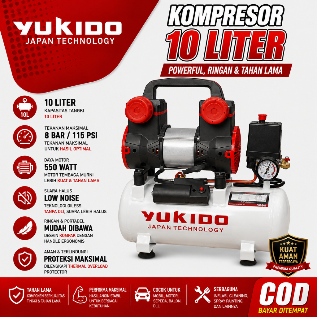 Kompresor Angin Listrik 10L Oilless Kompresor Mini Listrik 750W Silent/YukidoMesin Pompa Angin Kompr
