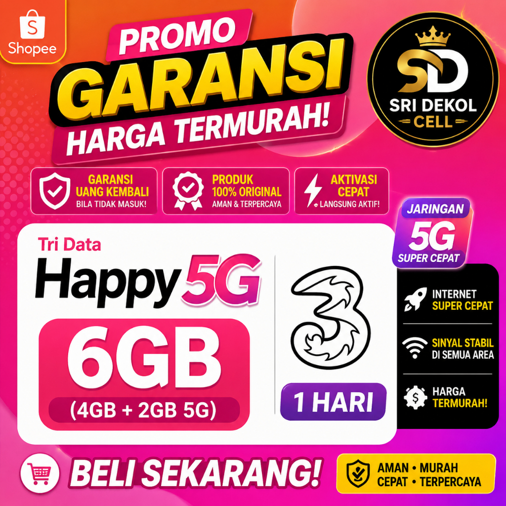 SUPER HEMAT Kuota Tri 6GB 1 Hari (4GB+2GB 5G) | Paket Happy 3 Ngebut Seharian
