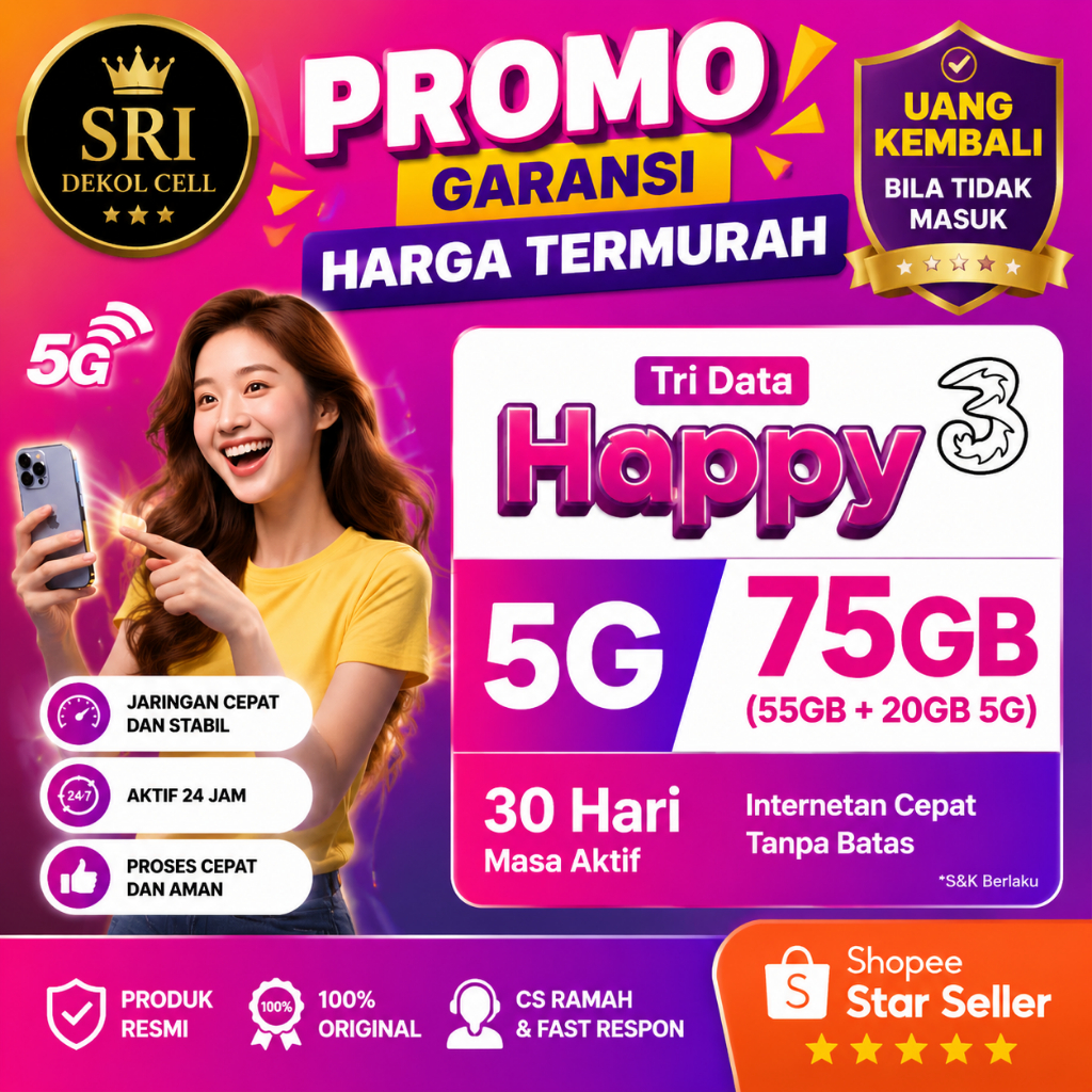 Kuota Tri 65GB 30 Hari (55GB+10GB 5G) | Paket Happy 3 Murah Terlaris | Internet TRI Full Cepat Resmi