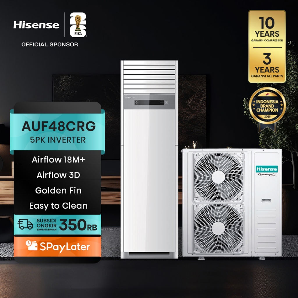 Hisense AC AUF48CRG Inverter 5 PK Floor Standing Air Flow Jarak Hingga 18M Lebih Pendinginan 4D Ruan