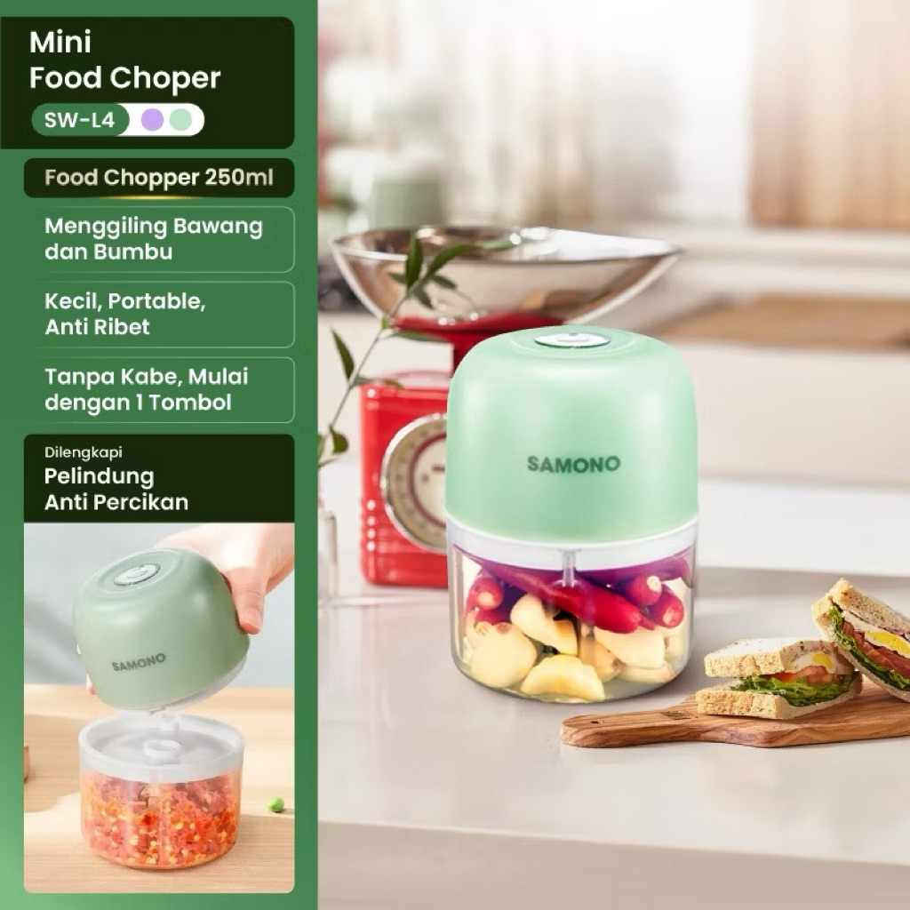 SAMONO Mini Chopper Electric SW-L4 250ML Penggiling Bumbu Dapur Portable Cordless Tanpa Kabel Cas US
