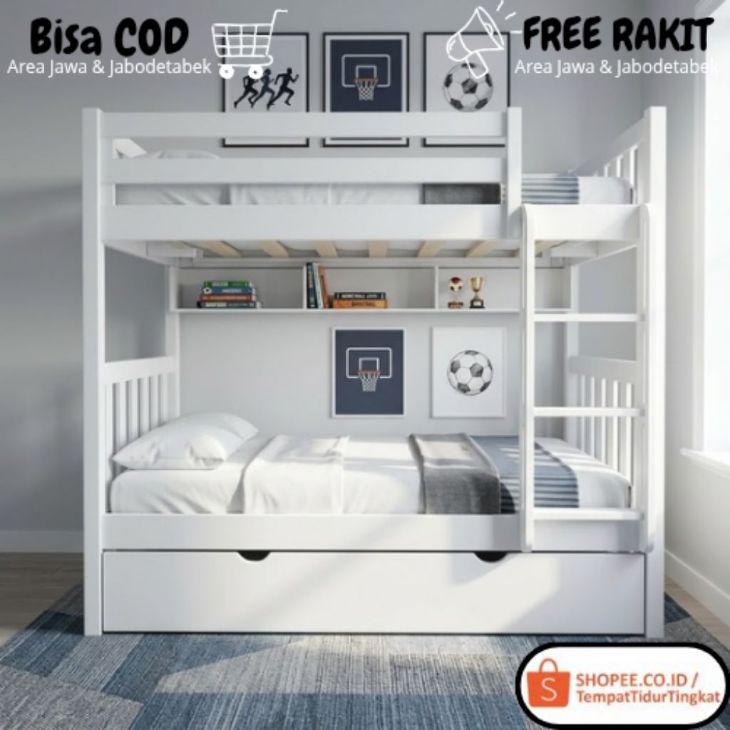 Kasur Tingkat 3 Minimalis Kayu Kokoh Custom Hemat Ruangan Kamar Sempit