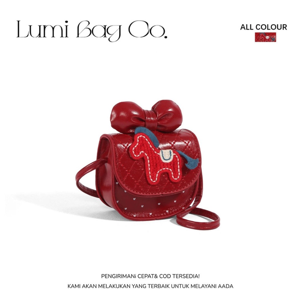 COD Tas Selempang Mini Wanita Motif Kuda Poni Merah/Tas Kecil Lucu dengan Pita/Tas Selempang Anak