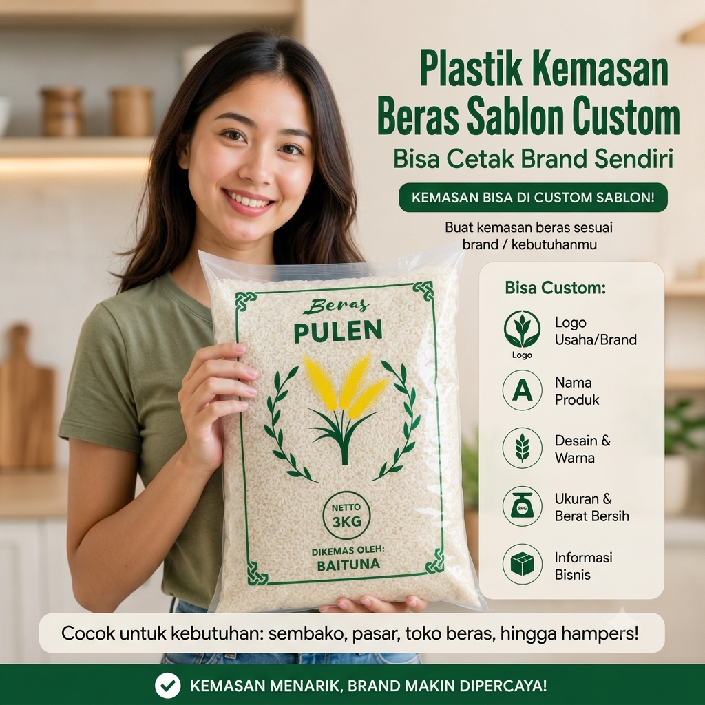 Sablon Plastik Kemasan Beras Custom - Plastik Beras Ukuran 3Kg dan 5Kg Sablon Merk / Logo