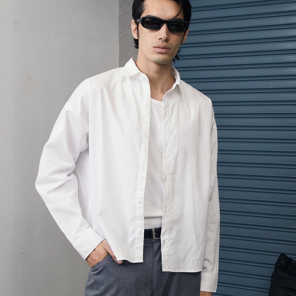 GRAYE HOMME Kemeja Crop Boxy Oversize Panjang Pria Katun Warna Putih Style Korea Kekinian Street Wea