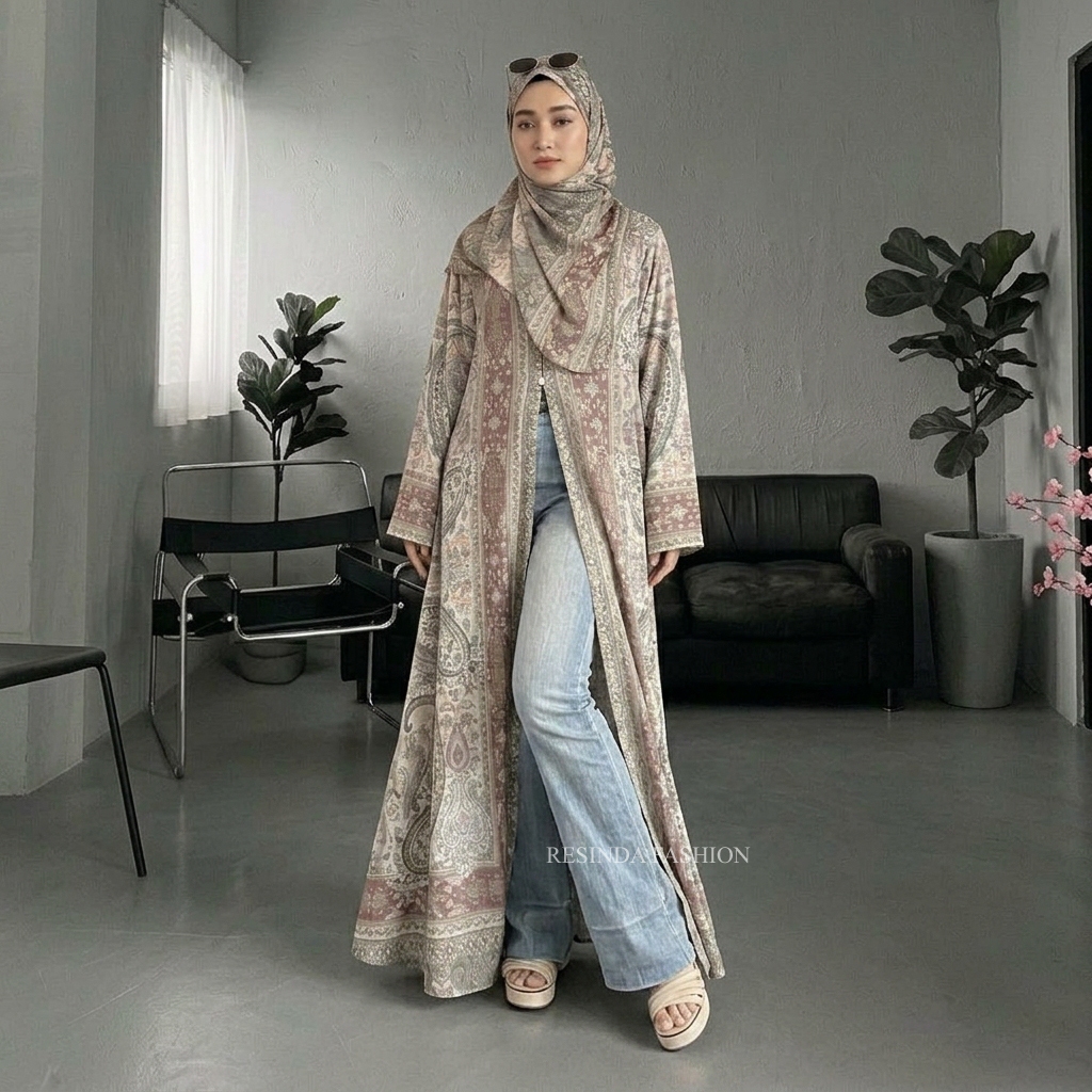 Abaya Kashmir Outer Gamis Motif Etnik Arabian Look Premium Mewah Baju Muslim Wanita Kekinian Bahan C