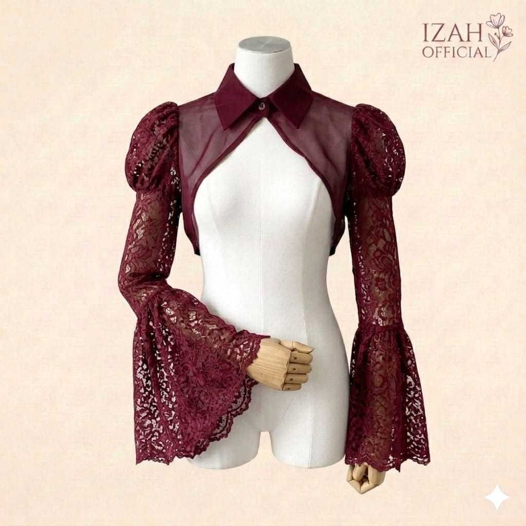 Izah Kemeja crop chiffon brukat crop top wanita lengan panjang
