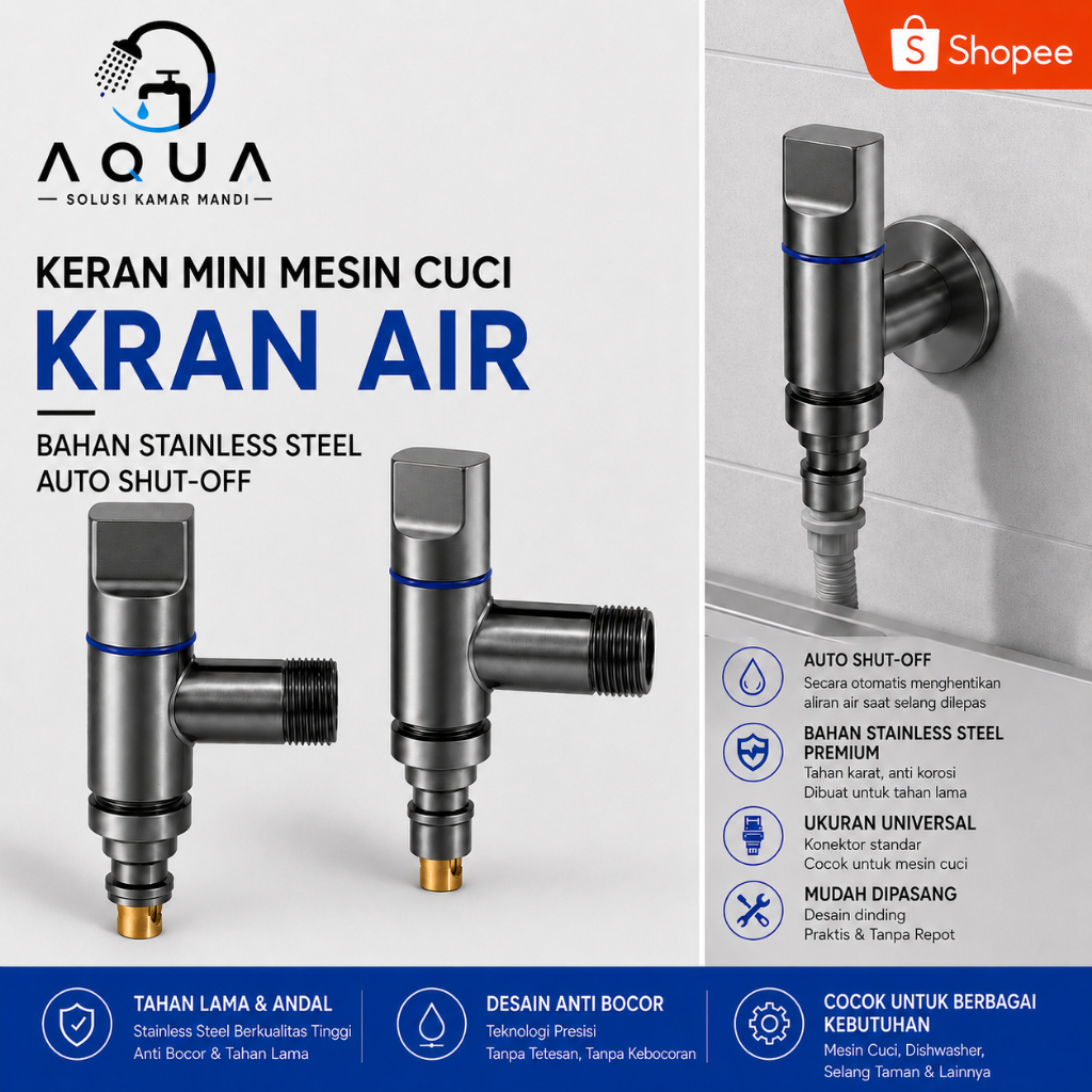 Kran Mesin Cuci Mini Stainless SUS304 | Kran Otomatis Stop Air | Cocok Untuk Mesin Cuci, Kolam Pel &