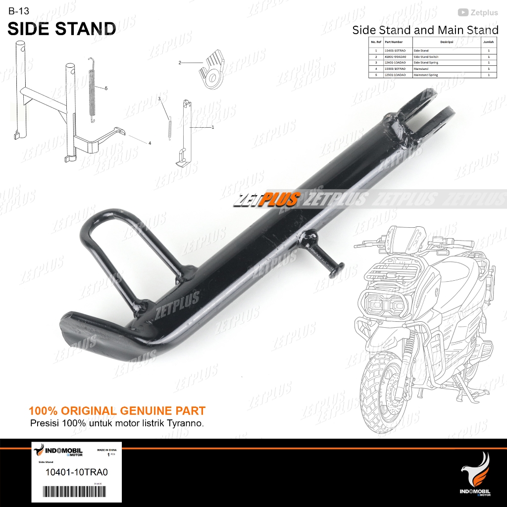 SIDE STAND - Standar Samping Motor Listrik Tyranno Ori Indomobil Genuine Part