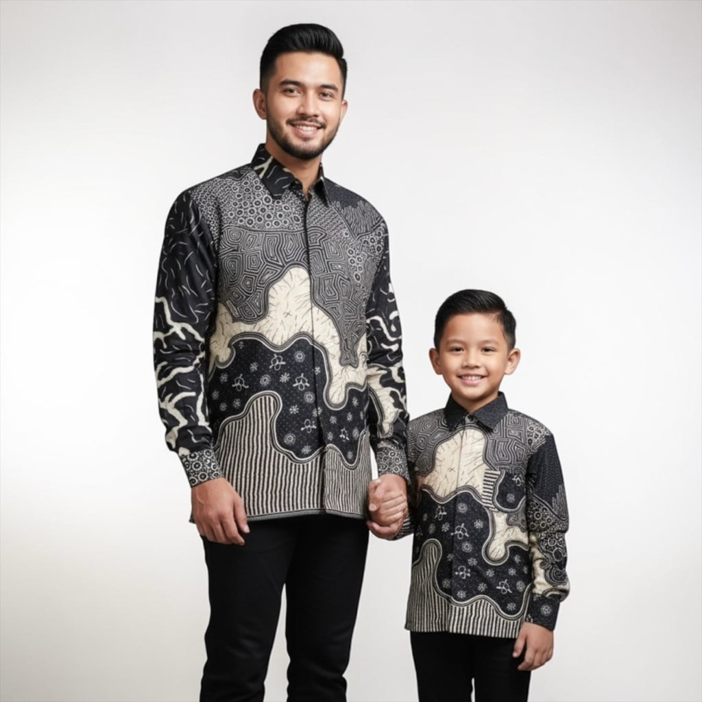 Kemeja Batik Warna Hitam Cream Motif Raja Ampat Couple Ayah dan Anak Lapisan Furing katun hero