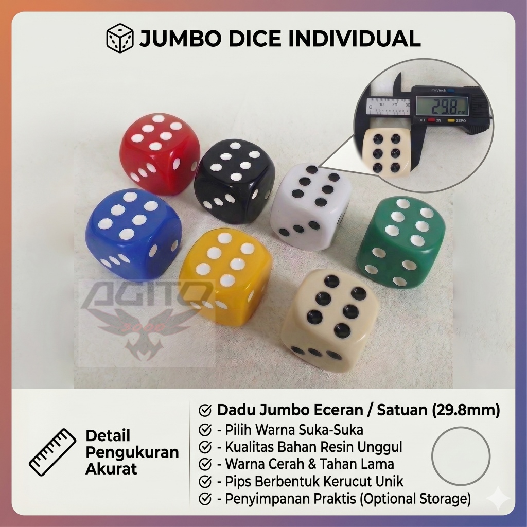 Dadu Jumbo Satuan 30mm Resin High Quality - Dadu Besar Eceran Berwarna 30mm