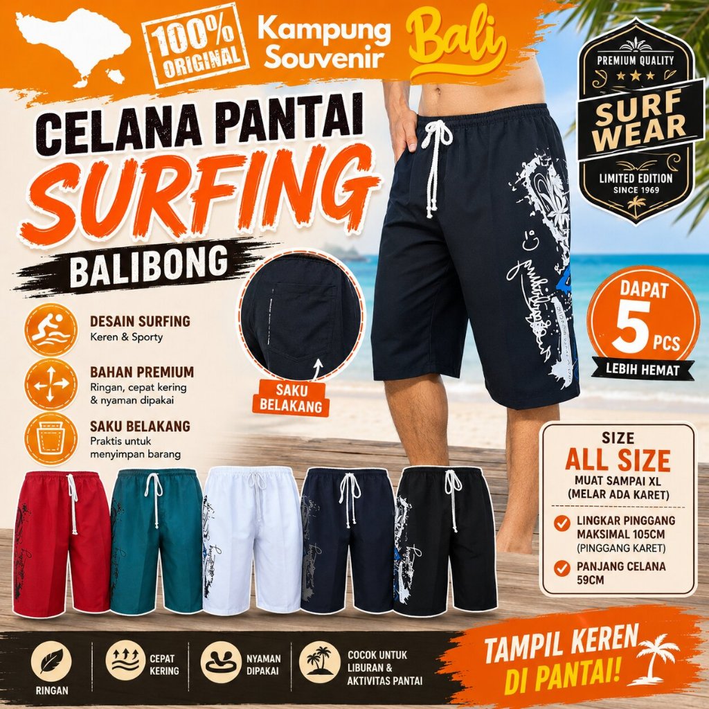 Celana Pantai Pria Selutut Kolor Pendek [5 Pcs Campur] Oleh Oleh Bali Ks