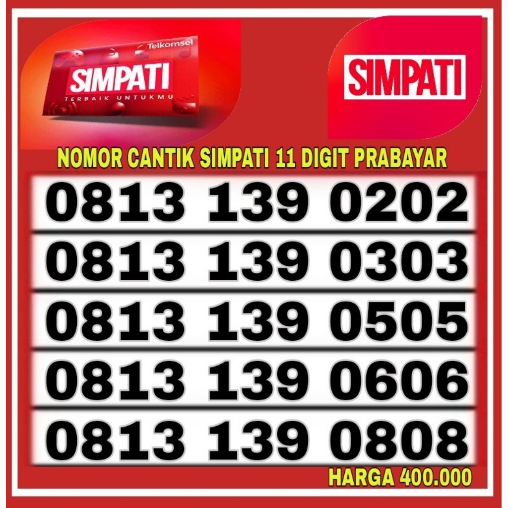 NOMOR CANTIK TELKOMSEL SIMPATI 11 DIGIT 4G 5G O813 139 0202 0303 0505 0606 0808