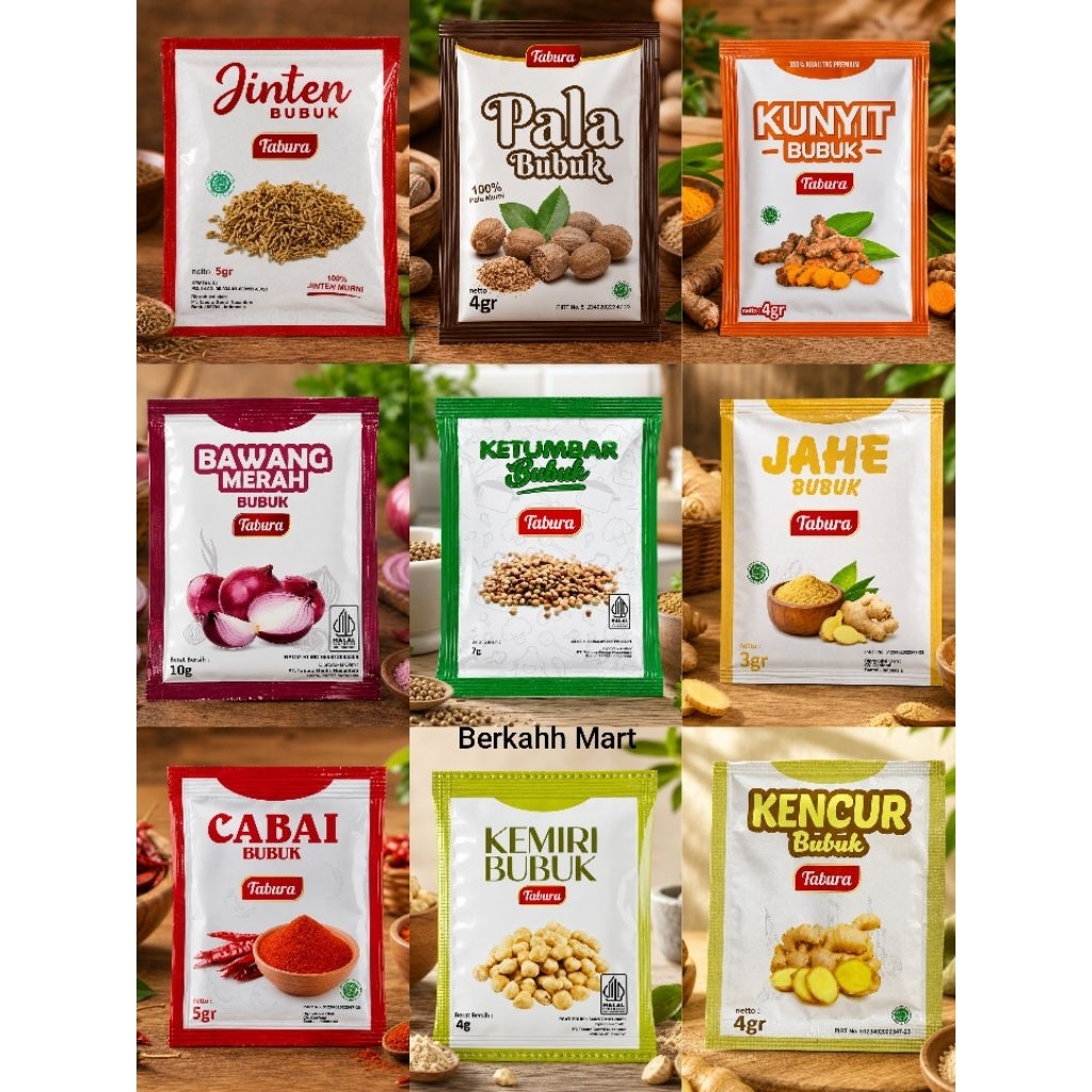 TABURA BUMBU BUBUK SACHET KENCUR/KEMIRI/CABAI/BAWANG MERAH/PALA/KUNYIT