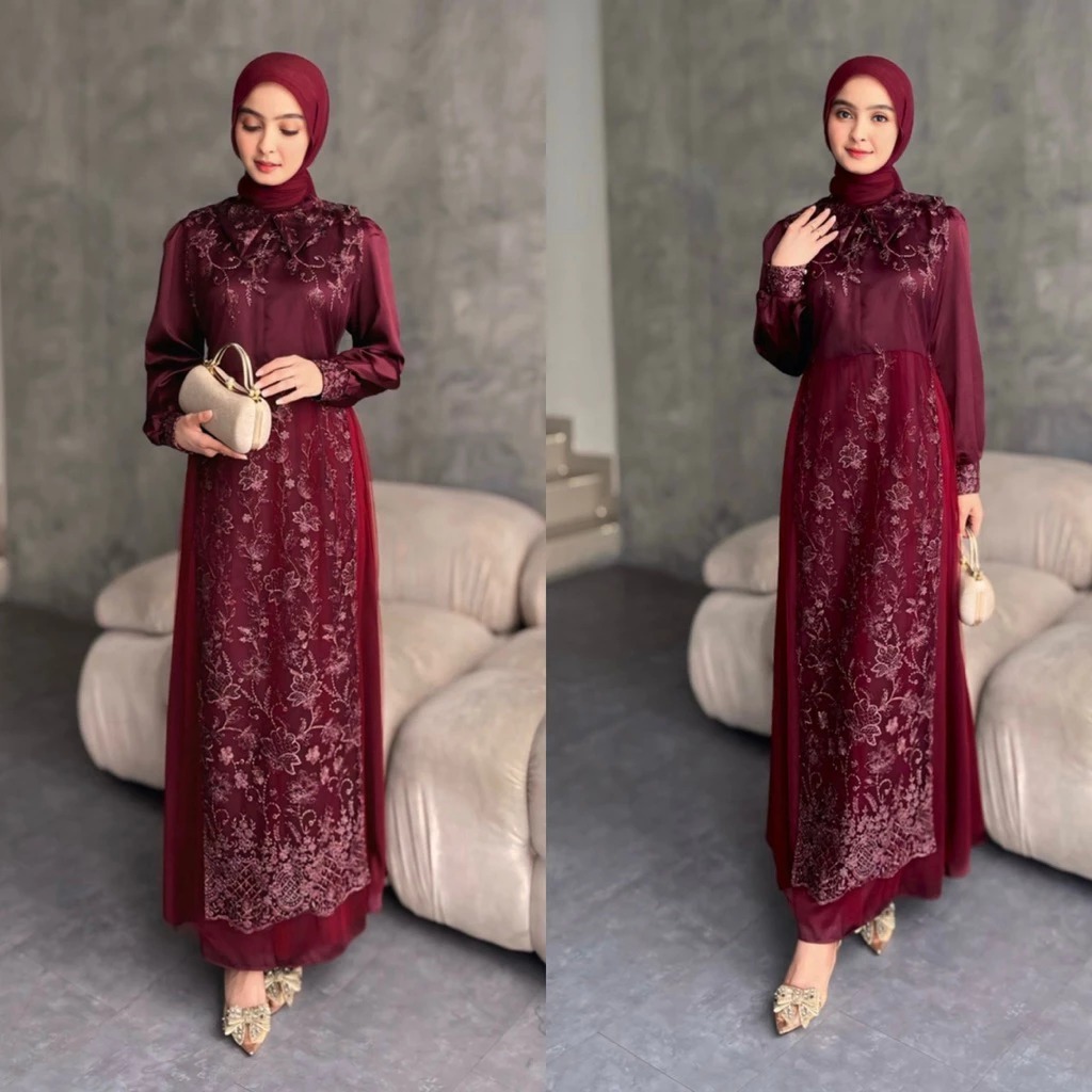 HELWA DRESS KONDANGAN SIMPLE SATIN MIX BRUKAT GARDEN MAXI DRESS WANITA MUSLIM ELEGAN KEKINIAN