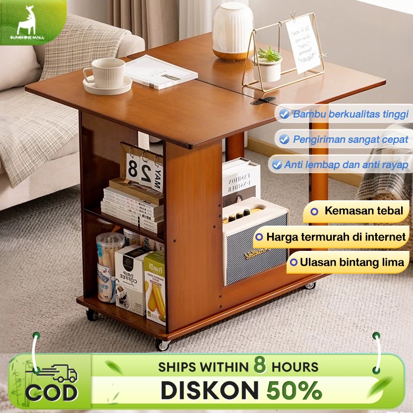 Sunshine  Meja Lipat Bambu Meja Roda Meja Serbaguna Dapat Dilipat Troli Dapur