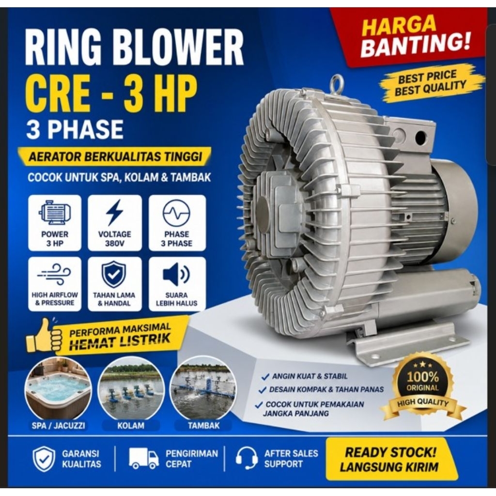 RING BLOWER AERATOR 3HP 3 PHASE MEREK CRE TAIWAN YPE HB 529 , 3 HP 3 PHASE ORIGINAL